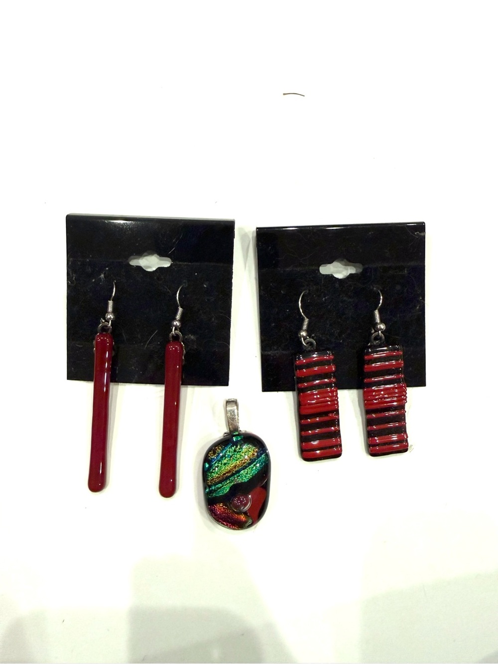 Artisan Fused Glass Pendant Earrings Set Red Green Gold Dichroic Handmade